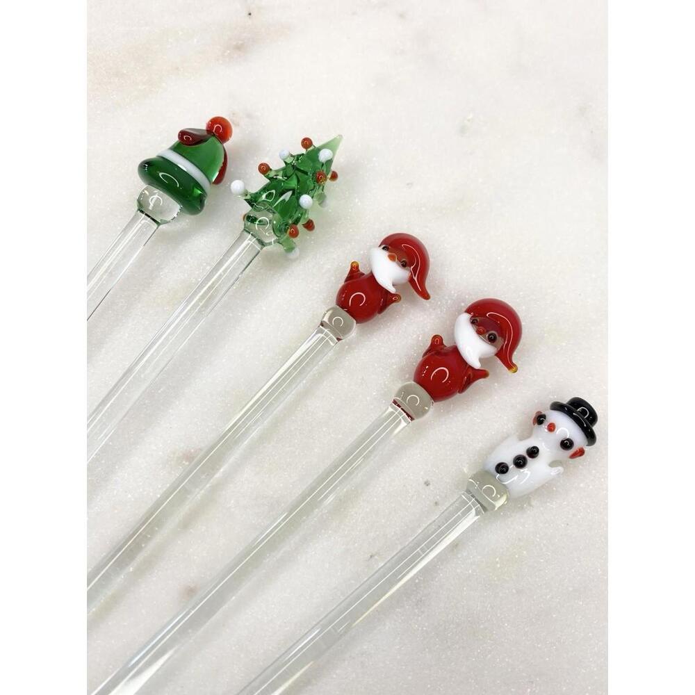 Vintage Blown Glass Santa Holiday Christmas Stirrers Swizzle Sticks 5 Pc Art